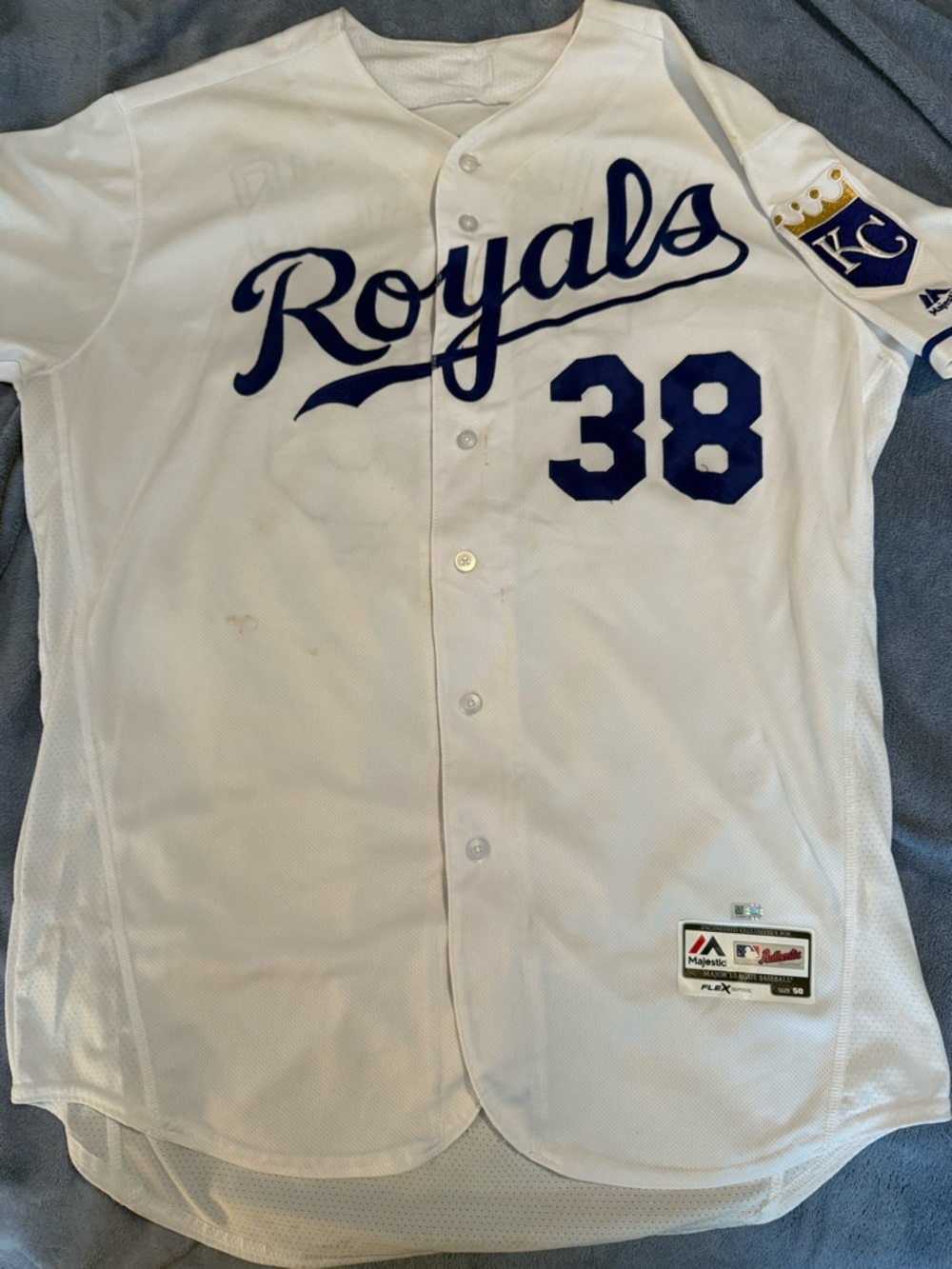 Majestic Kansas City Royals White/Navy #38 Baseball Jersey game used